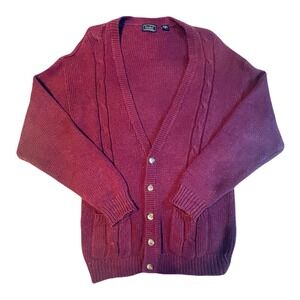 Finalist Vintage Burgundy Cable Knit Cardigan Sweater Ramie Cotton Mens Medium